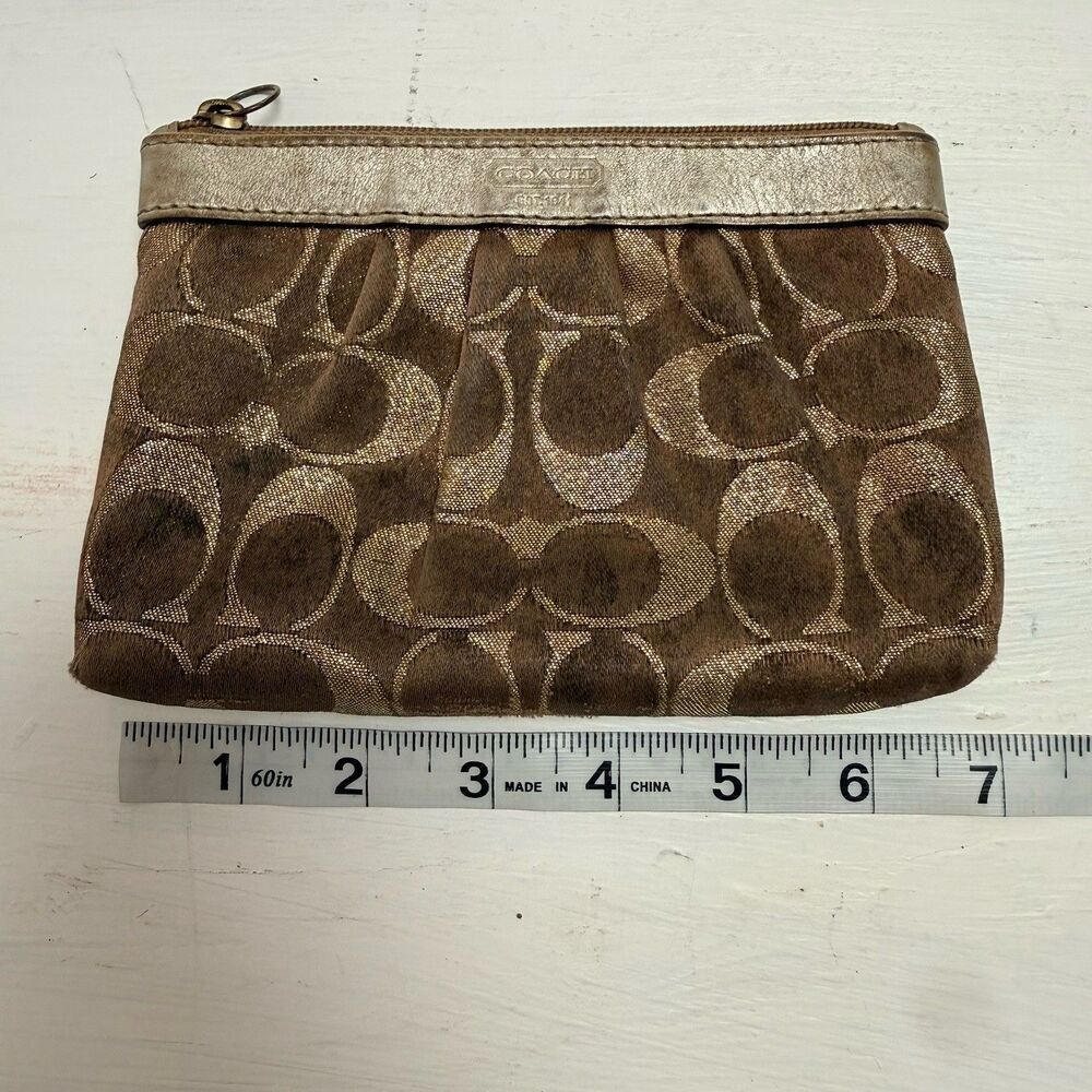 COACH BROWN GOLD FABRIC LEATHER SIGNATURE ZIP  WALLET COIN PURSE VINTAGE Y2K - Picture 7 of 8